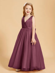 Tulle Junior Bridesmaid Dresses Satin Top Glamourous Bowknot Mulberry