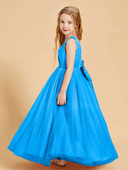 Tulle Junior Bridesmaid Dresses Satin Top Glamourous Bowknot Ocean Blue