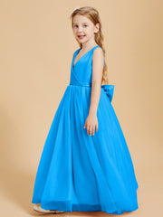 Tulle Junior Bridesmaid Dresses Satin Top Glamourous Bowknot Ocean Blue