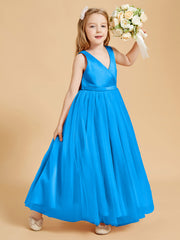 Tulle Junior Bridesmaid Dresses Satin Top Glamourous Bowknot Ocean Blue