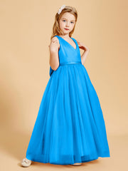 Tulle Junior Bridesmaid Dresses Satin Top Glamourous Bowknot Ocean Blue