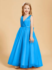 Tulle Junior Bridesmaid Dresses Satin Top Glamourous Bowknot Ocean Blue