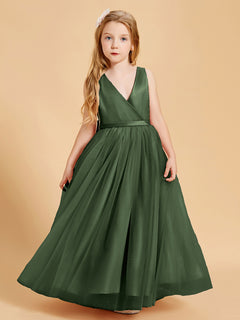 Tulle Junior Bridesmaid Dresses Satin Top Glamourous Bowknot Olive Green