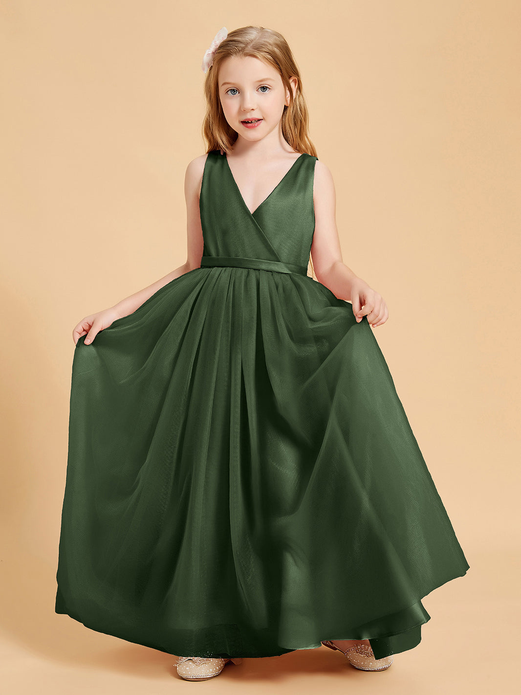 BABARONI Tulle Junior Bridesmaid Dresses Satin Top Glamourous Bowknot Olive Green, Olive Green / J4 BABARONI Tulle Junior Bridesmaid Dresses Satin Top Glamourous Bowknot Olive Green, Olive Green / J4