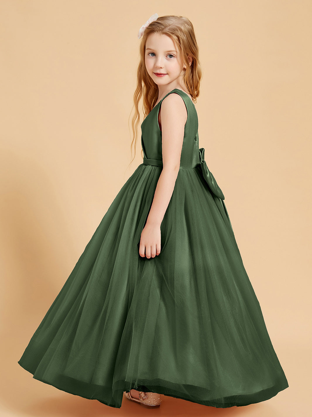 BABARONI Tulle Olive Green Junior Bridesmaid Dresses A-line V-neck Sleeveless Bow Sash Floor-length, Olive Green / J4