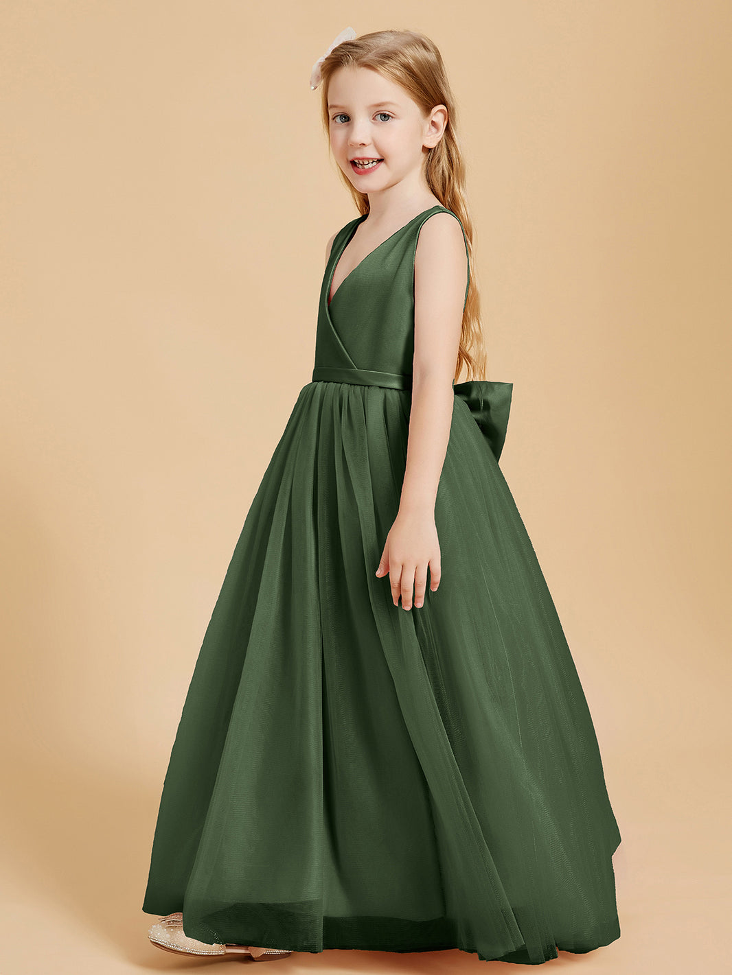BABARONI Tulle Junior Bridesmaid Dresses Satin Top Glamourous Bowknot Olive Green, Olive Green / J4