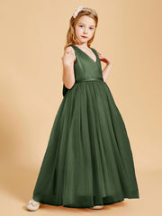 Tulle Junior Bridesmaid Dresses Satin Top Glamourous Bowknot Olive Green