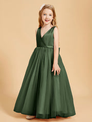 Tulle Junior Bridesmaid Dresses Satin Top Glamourous Bowknot Olive Green