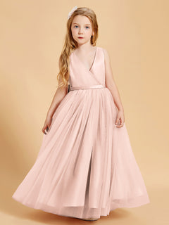 Tulle Junior Bridesmaid Dresses Satin Top Glamourous Bowknot Pearl Pink