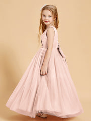 Tulle Junior Bridesmaid Dresses Satin Top Glamourous Bowknot Pearl Pink