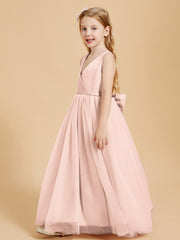 Tulle Junior Bridesmaid Dresses Satin Top Glamourous Bowknot Pearl Pink