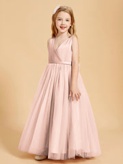 Tulle Junior Bridesmaid Dresses Satin Top Glamourous Bowknot Pearl Pink