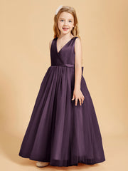 Tulle Junior Bridesmaid Dresses Satin Top Glamourous Bowknot Plum