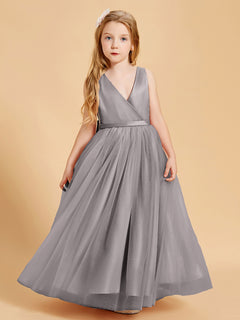 Tulle Junior Bridesmaid Dresses Satin Top Glamourous Bowknot Silver