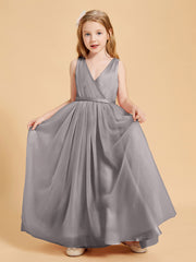 Tulle Junior Bridesmaid Dresses Satin Top Glamourous Bowknot Silver