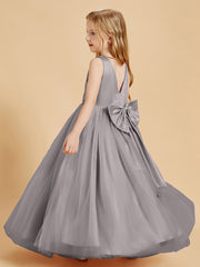 Tulle Junior Bridesmaid Dresses Satin Top Glamourous Bowknot Silver