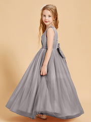 Tulle Junior Bridesmaid Dresses Satin Top Glamourous Bowknot Silver