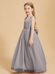 Tulle Junior Bridesmaid Dresses Satin Top Glamourous Bowknot Silver