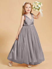 Tulle Junior Bridesmaid Dresses Satin Top Glamourous Bowknot Silver