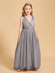Tulle Junior Bridesmaid Dresses Satin Top Glamourous Bowknot Silver