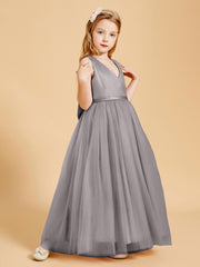 Tulle Junior Bridesmaid Dresses Satin Top Glamourous Bowknot Silver