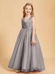 Tulle Junior Bridesmaid Dresses Satin Top Glamourous Bowknot Silver