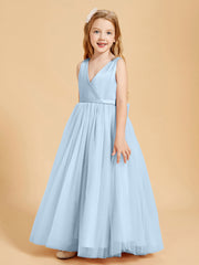 Tulle Junior Bridesmaid Dresses Satin Top Glamourous Bowknot Sky Blue