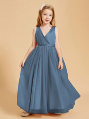 Tulle Junior Bridesmaid Dresses Satin Top Glamourous Bowknot Slate Blue