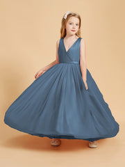 Tulle Junior Bridesmaid Dresses Satin Top Glamourous Bowknot Slate Blue