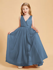 Tulle Junior Bridesmaid Dresses Satin Top Glamourous Bowknot Slate Blue