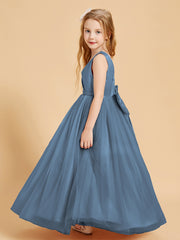 Tulle Junior Bridesmaid Dresses Satin Top Glamourous Bowknot Slate Blue