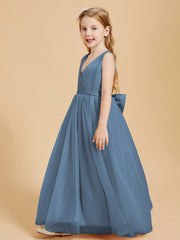 Tulle Junior Bridesmaid Dresses Satin Top Glamourous Bowknot Slate Blue