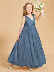 Tulle Junior Bridesmaid Dresses Satin Top Glamourous Bowknot Slate Blue