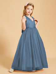 Tulle Junior Bridesmaid Dresses Satin Top Glamourous Bowknot Slate Blue
