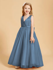 Tulle Junior Bridesmaid Dresses Satin Top Glamourous Bowknot Slate Blue