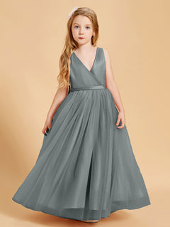 Tulle Junior Bridesmaid Dresses Satin Top Glamourous Bowknot Steel Grey