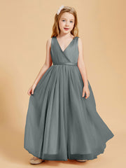 Tulle Junior Bridesmaid Dresses Satin Top Glamourous Bowknot Steel Grey