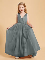 Tulle Junior Bridesmaid Dresses Satin Top Glamourous Bowknot Steel Grey