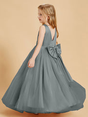 Tulle Junior Bridesmaid Dresses Satin Top Glamourous Bowknot Steel Grey