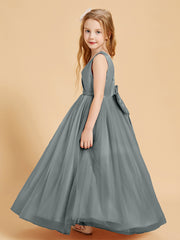 Tulle Junior Bridesmaid Dresses Satin Top Glamourous Bowknot Steel Grey