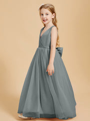 Tulle Junior Bridesmaid Dresses Satin Top Glamourous Bowknot Steel Grey