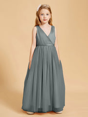 Tulle Junior Bridesmaid Dresses Satin Top Glamourous Bowknot Steel Grey