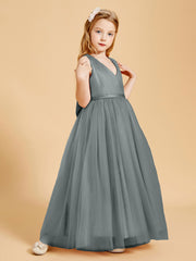 Tulle Junior Bridesmaid Dresses Satin Top Glamourous Bowknot Steel Grey