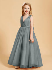 Tulle Junior Bridesmaid Dresses Satin Top Glamourous Bowknot Steel Grey