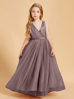 Tulle Junior Bridesmaid Dresses Satin Top Glamourous Bowknot Taupe