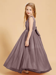 Tulle Junior Bridesmaid Dresses Satin Top Glamourous Bowknot Taupe