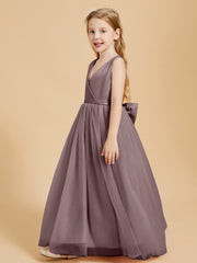 Tulle Junior Bridesmaid Dresses Satin Top Glamourous Bowknot Taupe