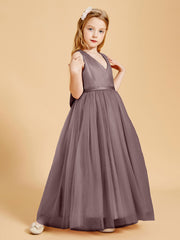 Tulle Junior Bridesmaid Dresses Satin Top Glamourous Bowknot Taupe