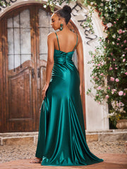 V-neck Sheath Beaded High Slit Stretch Satin Long Gowns Dark Green