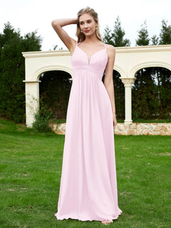 Floor Length V Neck Chiffon Bridesmaid Gown Blushing Pink